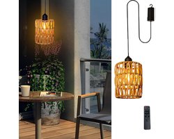Rotan kroonluchter - Hanglamp op batterijen - Boheemse rotan lamp met warmwitte lamp - Werkt op 4 AA-batterijen - voor tuinhuisje, pergola, veranda, terras, buiten- en binnendecoratie