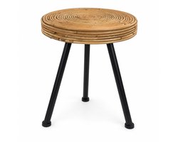 Rotan Krukje Ø 34 x 38 cm – Handgeweven Rieten Zitkruk met Zwart Metalen Driepoot – Ronde Bijzettafel voor Woonkamer, Slaapkamer en Veranda – Bruin