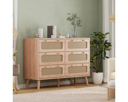 Rotan Ladekast 6 Lades Naturel – Houten Commode met Rotan Lades & Gouden Handgrepen – Kast 100x34x73 cm