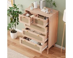 Rotan ladekast, opbergkast, 5 lades, dressoir met kantelbeveiliging voor woonkamer, eetkamer, hal, houtkleur, 60x34x91cm
