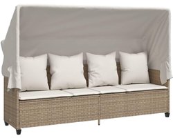 Rotan ligstoel beige met uittrekbaar zonnedak, verstelbare rugleuning en voetensteun, inclusief dik gevoerd zitkussen met afneembare en wasbare overtrek