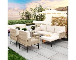 Rotan Loungeset 6-delig 187x124x78 cm Beige – Modulaire Tuinset met 2 Tweezitsbanken, 2 Fauteuils & 2 Glazen Tafels, 8 cm Dikke Kussens, Handgeweven, Weerbestendig & Comfortabel – Laura