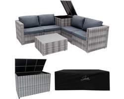 Rotan Modulaire Hoek Tuin Meubelen Tuinset 6-Delige Set & x 2 Opbergbox (996L, 250L) Grijs 4-Zits Zitbank Sectionele Stoelen Met Kussens Tafel Waterdichte Hoes met Voering Kist Gasveren Hefmechanisme