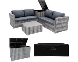 Rotan Modulaire Hoek Tuin Meubelen Tuinset 6-Delige Set & x2 Opbergbox (700L, 250L) Grijs 4-Zits Zitbank Sectionele Stoelen Met Kussens Tafel Waterdichte Hoes met Voering Kist Gasveren Hefmechanisme