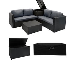 Rotan Modulaire Hoek Tuinmeubelen Tuinset 6-Delige Set & 2 Opbergkisten (700L, 250L) Zwart 4-Zits Zitbank Sectionele Stoelen Met Kussens Tafel Waterdichte Hoes met Voering Kist Gasveren Hefmechanisme
