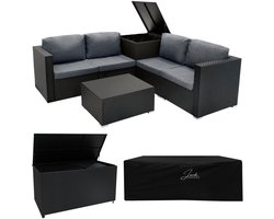 Rotan Modulaire Hoek Tuinmeubelen Tuinset 6-Delige Set & x2 Opbergbox (996L, 250L) Zwart 4-Zits Zitbank Sectionele Stoelen Met Kussens Tafel Waterdichte Hoes met Voering Kist Gasveren Hefmechanisme