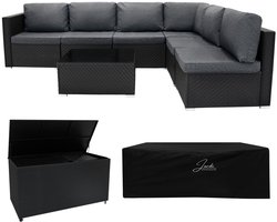 Rotan Modulaire Hoek Tuinmeubelen Tuinset 7-Delige Set & 700L Opbergbox Zwart 5-Zits Zitbank Sectionele stoelen met Kussens Salontafel Waterdichte Hoes met Voering Gasveren Hefmechanisme Wielen Buiten