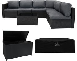 Rotan Modulaire Hoek Tuinmeubelen Tuinset 7-Delige Set & 996L Opbergbox Zwart 5-Zits Zitbank Sectionele stoelen met Kussens Salontafel Waterdichte Hoes met Voering Gasveren Hefmechanisme Wielen Buiten
