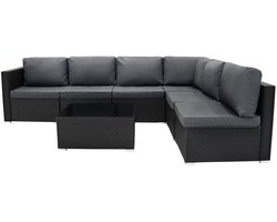 Rotan Modulaire Tuinmeubelen Hoek Loungeset | 7-Delige Set Zwart 5-Zits Zitbank Sectionele Stoelen Met Kussens Salontafel met Glazen Blad UV-Beschermd Wasbaar Waterdichte Hoes Buiten Terras Serre