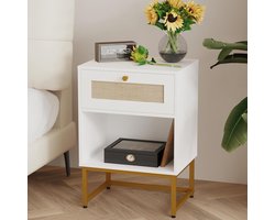 Rotan nachtkastje in moderne boerderijstijl, met opberglade en plank, kleine bijzettafel voor slaapkamer, woonkamer, kantoor (wit, lade​)