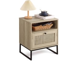 Rotan Nachtkastje Met Lade En Open Plank - Eikenlook Met Zwarte Metalen Poten - Multifunctioneel Bijzettafel - Licht eiken + Zwart - 48x38x56cm