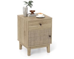 Rotan nachtkastje – Mid-century modern, met opberglade en kast – Zwart & bruin/natuurlijk