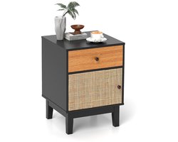 Rotan nachtkastje – Mid-century modern stijl met lade en kast – Zwart & bruin/natuurlijk
