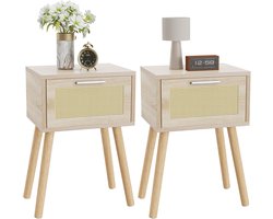 Rotan nachtkastje set van 2, bijzettafel, boho-nachtkastje met magnetische lade, massief houten poten, 35 x 27 x 53 cm, banktafel, salontafel voor woonkamer, kantoor, slaapkamer, natuurlijke