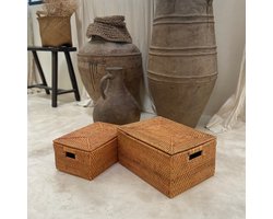 Rotan opberg mand bruin met deksel - opbergdoos - opbergbox - set van 2
