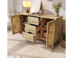 Rotan opbergkast - dressoir 120x40x74 cm - met 3 lades - kaptafel - verstelbare planken - kantelbestendig - eikenkleur