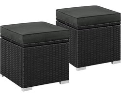 Rotan Opbergkruk Set van 2 - Weerbestendige Tuinkrukken met Opbergruimte en Kussens - Multifunctionele Voetenbank voor Balkon, Terras en Tuin - Zwart Grijze Rotan Hocker