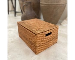 Rotan opbergmand bruin met deksel - opbergdoos - opbergbox - 35 cm x 25 cm x 16 cm