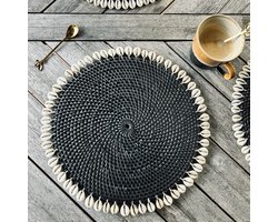 Rotan Placemat met Schelpen Zwart - Set 4 stuks - Rieten Placemat uit Bali - Handgemaakt - Ibiza stijl - Bohemian - Boho