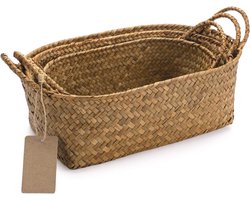 Rotan Plankmanden Opbergmand van zeegras met handvat Plankmanden Natuurlijk geweven ovaal Set van 3 (groot + medium + klein)