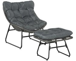 Rotan Relaxfauteuil met Voetenbank - Ligstoel met Dikke Kussens - Ligbed - Tuinstoel - Strandstoel - Campingligstoel - tot 160 kg - Zonnebed - Relaxstoel voor Tuin, Terras, Zwembad & Balkon - Grijs