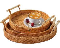 Rotan rond dienblad set van 3 - decoratief en handgeweven - rieten manden