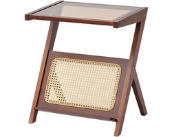 Rotan Salontafel, Z-Vormig Geweven Bamboe met Gehard Glazen Blad, 20 inch Moderne boho Opbergtafel, Natuurlijke Bamboepoten voor in de Woonkamer