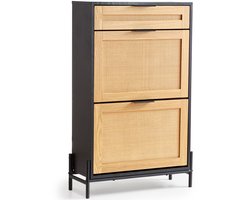 Rotan Schoenenkast, Smalle Opbergkast met 2 Rotan Vouwladen en 1 Lade, Metalen Poten, Smalle Instapkast, Zwart