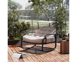 Rotan Schommelstoel met Grijs Kussen – Verstelbare Rugleuning, Inklapbare Voetsteun & Zonnescherm – Grote Outdoor Relaxstoel voor Tuin & Balkon