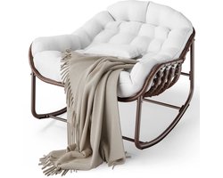Rotan Schommelstoel met Kussen – Loungestoel voor Tuin en Balkon – Metalen Frame – Comfortabele Stoel voor Binnen en Buiten – Wit/Crème