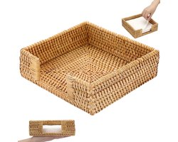 Rotan servethouder - servetbak - tafel opbergbak - geweven mand - Natuurlijke houtkleur - 18*18*6cm - Vierkante Rotan Servetbak - Rieten servettendoos - Geweven Rotan Tafelbak - Vierkante servettendoos van rotan