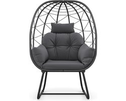 Rotan stoel buiten, lounge stoel met afneembaar kussen, rieten stoel ei stoel met metalen standaard, tuinstoel rotan voor balkon, veranda, terras (grijs)