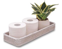Rotan Toilet Tank Mand voor Handdoeken en Servetten - Geweven Organiser voor Brood en Accessoires - Decoratieve Rieten Lade (17 x 6 x 2 inch, Wit Gewassen)