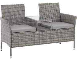 Rotan Tuinbank met Tafel 2-Zits - Polyrotan Tuinbank met Gehard Glazen Tafelblad - Weerbestendig UV-Bestendig - Inclusief Wasbare Kussens - Balkon, Terras, Tuin en Serre - Loungeset Rotan Bank Buiten
