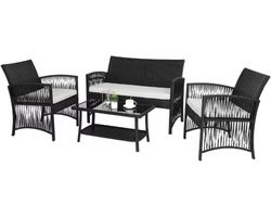 Rotan Tuinmeubelen Set Fioren - Voor Buiten en Balkon - 4 Stuks - Rotan Patio Meubelen - Weven Rieten Sofa Set met Kussens en Glazen Tafel - Zwart