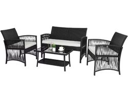Rotan Tuinmeubelen Set - Voor Buiten en Balkon - 4 Stuks - Rotan Patio Meubelen - Weven Rieten Sofa Set met Kussens en Glazen Tafel - Zwart