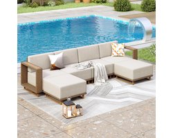 Rotan Tuinmeubelset 6 Personen Modulair Loungeset met Dikke Kussens Beige – Weerbestendige Outdoor Hoekbank voor Tuin, Terras & Balkon – Ergonomisch Design – Laura