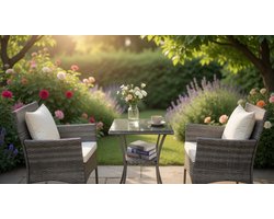 Rotan tuinmeubelset, balkonmeubel, klein balkon, meubels met 2 stoelen, glazen tafel en kussens, tuinlounge voor 2 personen, zitgroep voor tuin, veranda, zwembad (mix grijs + wit)-Mobili Bella