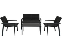 Rotan Tuinmeubelset | Zwart 4 Stuk Balkon Terras 2-Zitsbank 2x Stoelen Salontafel met Glazen Blad Machine Geweven Polyrattan Lounge Fauteuil Tuinbank Binnen Buiten Serre Waterdichte Regenhoes