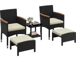 Rotan Tuinset 5-delig met Kussens - Compacte Loungeset voor Balkon en Terras - Weerbestendige PE Rotan Tuinmeubelen met Voetenbankjes en Glazen Tafel - Balkonset voor 2 tot 4 Personen