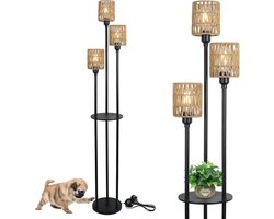Rotan Vloerlamp 3-Lichts met Plank - Boho Staande Lamp 168cm - Zwart Naturel
