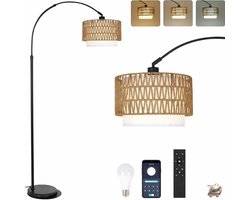 Rotan Vloerlamp LED Staande Lamp - Vintage Boho Staande Lamp met Dubbele Lampenkap - Staande Vloerlamp met Afstandsbediening en App Bediening - Sfeerverlichting voor Woonkamer en Slaapkamer - Interieur Vloerlamp Energieklasse F - Vloerlampen Kamer