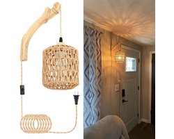 Rotan wandlamp – Handgeweven wandarmatuur – Wandverlichting - wandlamp – Lamp niet inbegrepen – Bohemian stijl – Met stekker – Hout – Natuurlijke houtafwerking