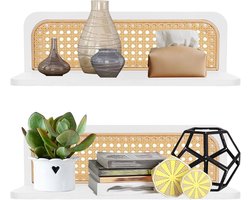 Rotan Wandplanken - Boho Wanddecoratie - Set van 2 - Hout Rotan - 40 x 12,2 x 13 cm