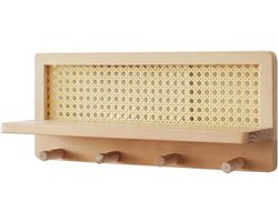 Rotan wandrek - Houten plank - Decoratie en opbergen - Met haken - 398 cm lengte - Natuurlijk