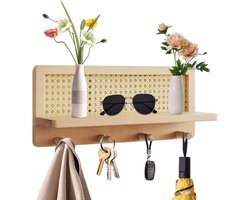 Rotan wandrek - Houten plank - Decoratie ophangen - Boho stijl - 40 x 182 x 40 mm - Houtkleur