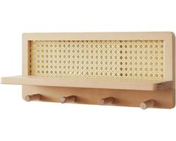 Rotan Wandrek - Houten Plank - Decoratie Opslag - Met Haken - 398 cm Lengte - Natuurlijk