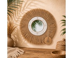 Rotan Wandspiegel – Naturel & Wit – Schelpen – Bohemian Wanddecoratie – Ø45 cm