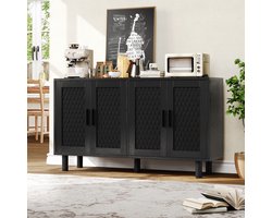Rotanlook Buffetkast met 4 Deuren & Instelbare Planken – Boheems Opbergmeubel voor Woonkamer/Eetkamer/Slaapkamer, 140x40x80 cm, Zwart