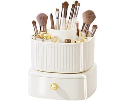 Roteerbare Makeup Organizer met Lades, Make-up Borstels en Cosmetica Organizer voor Badkamer en Slaapkamer in Crème Wit